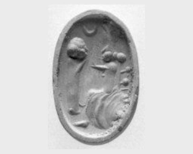 Stamp seal (grooved oval base with ribbed handle) with cultic scene