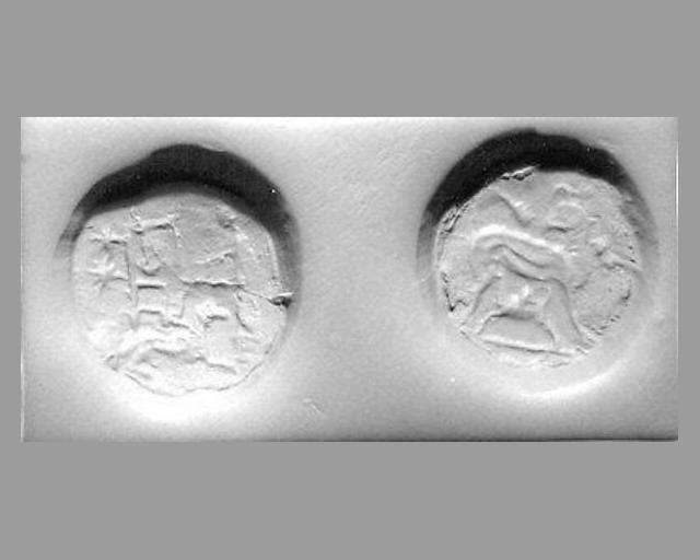 Stamp seal (bifacial disk) with cultic scene and monsters